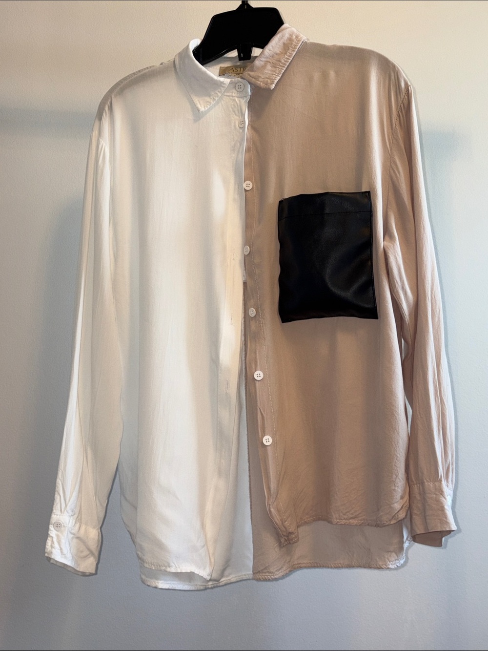 Astrid Two-Tone Button-Up Blouse Cream/Light Tan w/ Black Pocket. Made in Italy